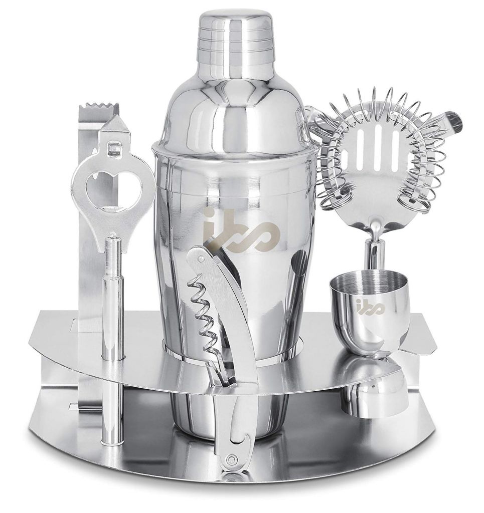 7 Piece Cocktail Shaker Bar Set Premium Stainless Steel Drink Martini Shaker Bundle - Shaker, Strainer, Jigger, Corkscrew, Ice Tongs, Wine Opener Stand Bonus 150 Cocktails EBOOK Silver JS144