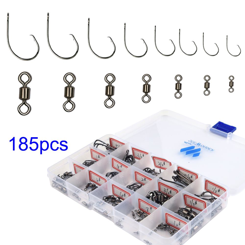 105pcs Rolling Ball Barrel Fishing Swivel & 80pcs Fishing Circle Hooks, Eagle Bait Holder Barbs - Stainless Steel High Strength Black Nickel for Saltwater Freshwater Fishing  FF134