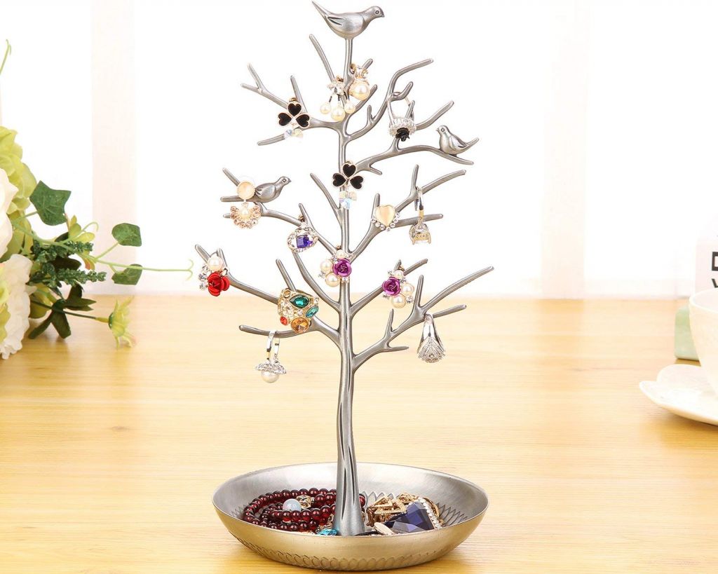 Silver Birds Tree Jewelry Stand Display Earring Necklace Holder Organizer Rack Tower  TW115