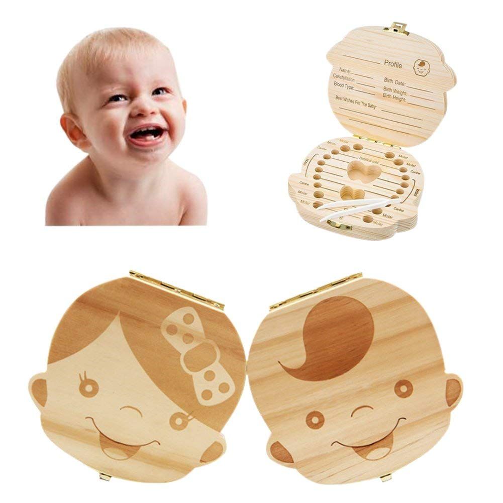 Wooden Kids Keepsake Organizer Gift for Baby Teeth, Cute Children Tooth Container with Tweezers to Keep The Childwood Memory TE002