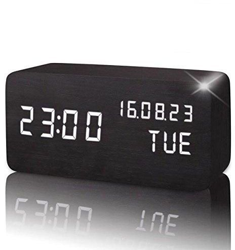 Wooden LED Digital Alarm Clock Displays Time Date Week And Temperature Cube Wood-shaped Sound Control Desk Alarm Clock