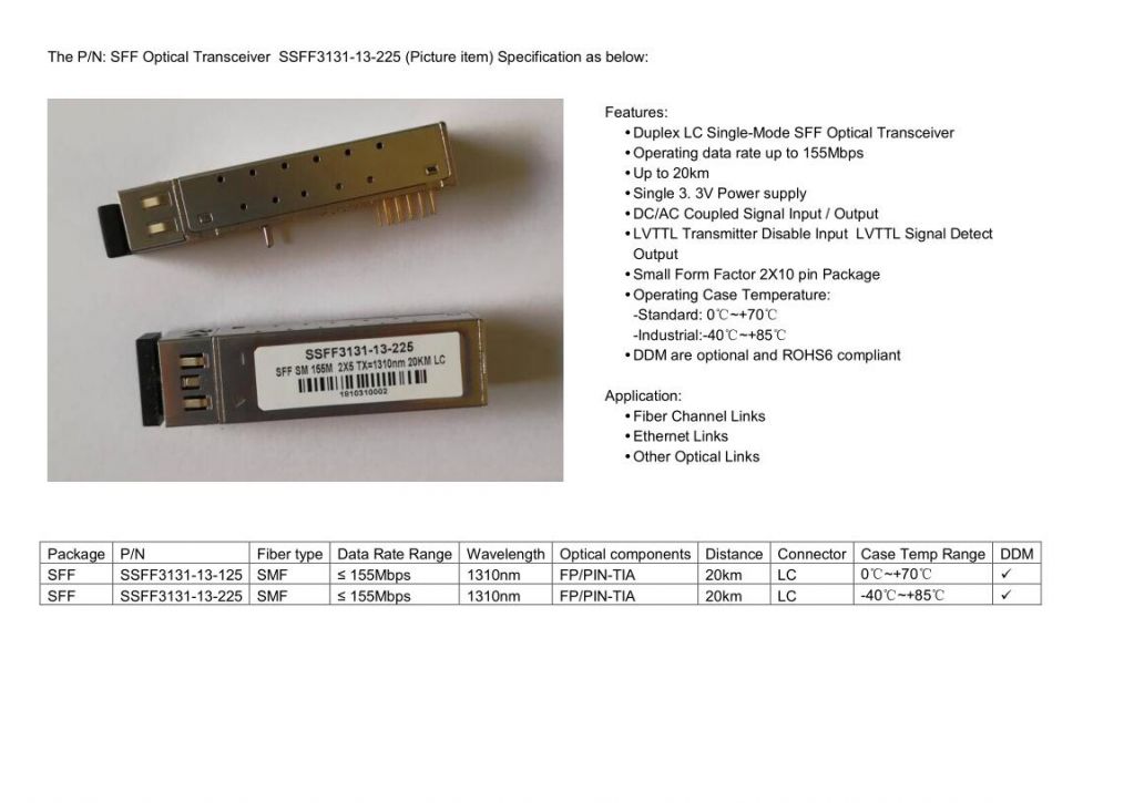 SFF Optical Transceiver  SFF 155M 20KM SSFF3131-13-225