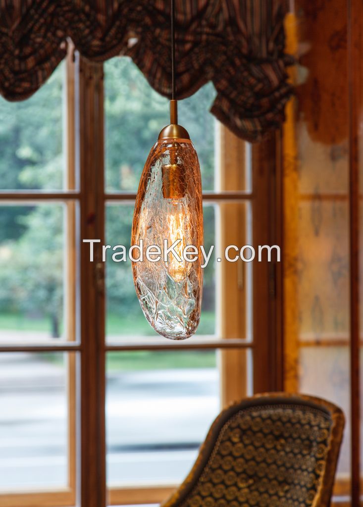 Designer Handblown Glass Light, 1 Light Pendant Lamp Cabachok Crackle