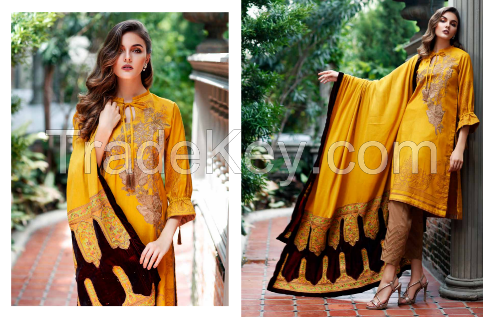 Charizma Embroidered Leather peach suits with Velvet Pluchi Shawl