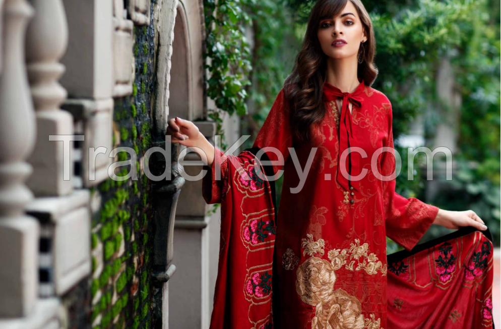 Charizma Embroidered Leather peach suits with Velvet Pluchi Shawl