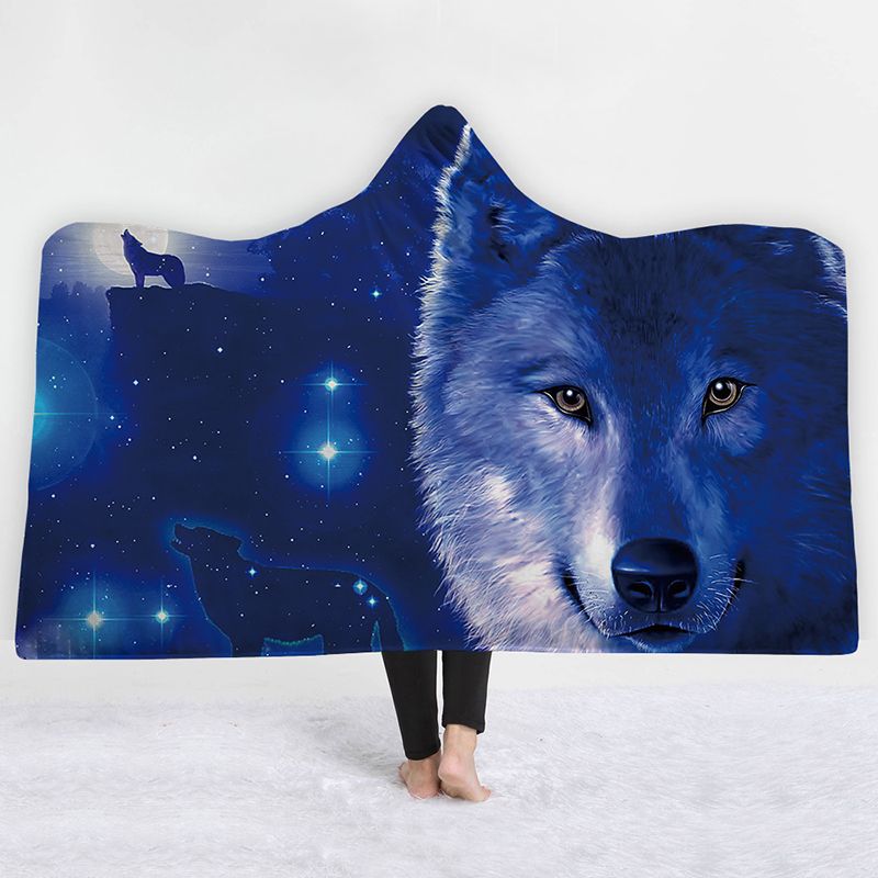 3d wolf printing fleece double throw hooded blanket