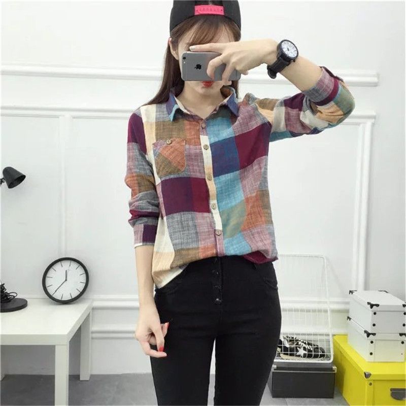 Plaid cotton long-sleeved blouse