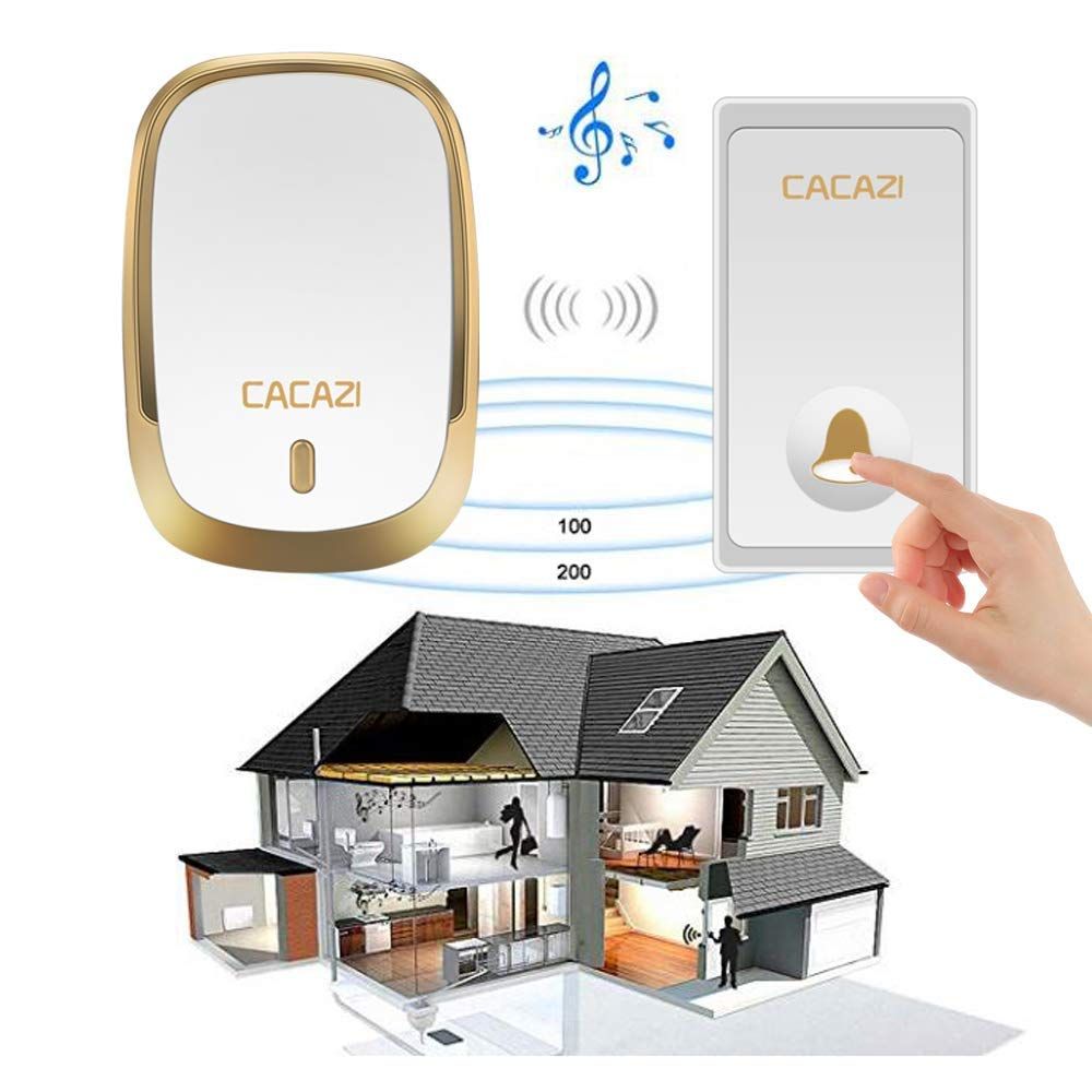 Self-powered Wireless Doorbell, CACAZI Waterproof Door Chime Kit 2 Button with 1 Plug-In Receiver, 36 Chimes, LED Flash, No Battery Required) 