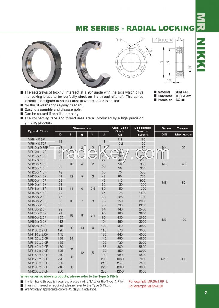 Precision Locknuts MR (M06X0.5P - M200X3.0P)