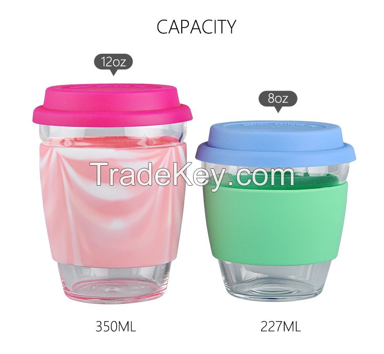 2018 Hot Selling 350ml Borosilicate Glass Water Cup With Silicone Cover And Lid