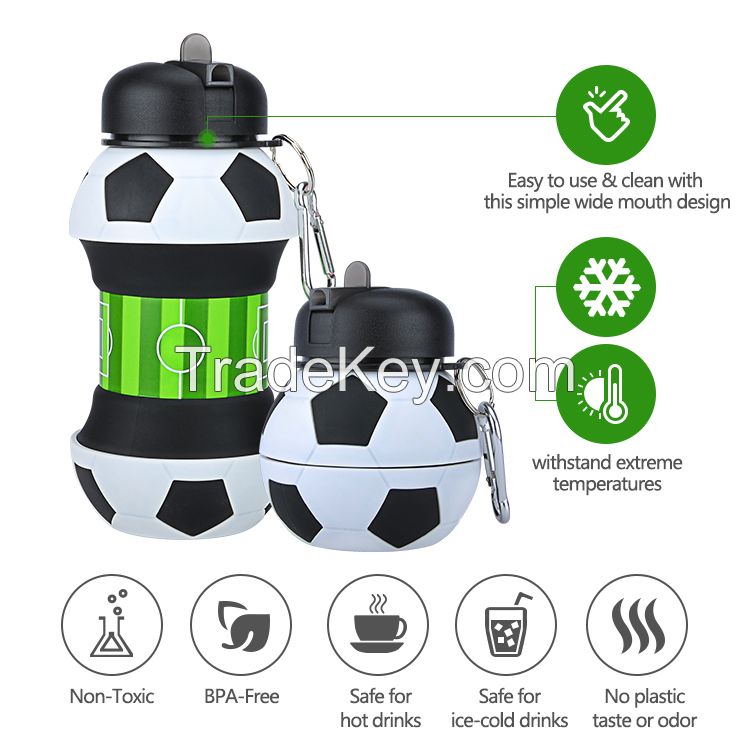 Popular Kids Sport Soccer Silicone Drink Foldable Water Bottle BPA Free