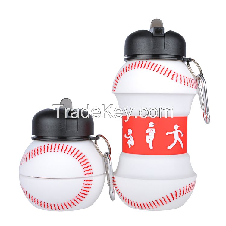 2018 Outdoor Cute Baseball Shape Round Water Bottle With Straw Foldable Water Bottle BPA Free