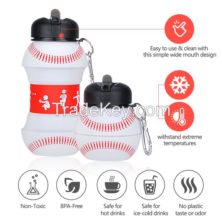 2018 Outdoor Cute Baseball Shape Round Water Bottle With Straw Foldable Water Bottle BPA Free