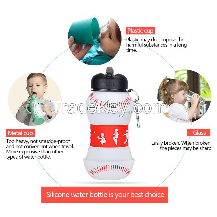 2018 Outdoor Cute Baseball Shape Round Water Bottle With Straw Foldable Water Bottle BPA Free