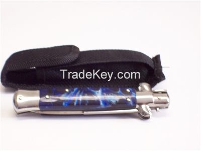 Stiletto Switchblade Automatic Knife - 3.75&quot; Bayonet Blade - Blue Marble Handle