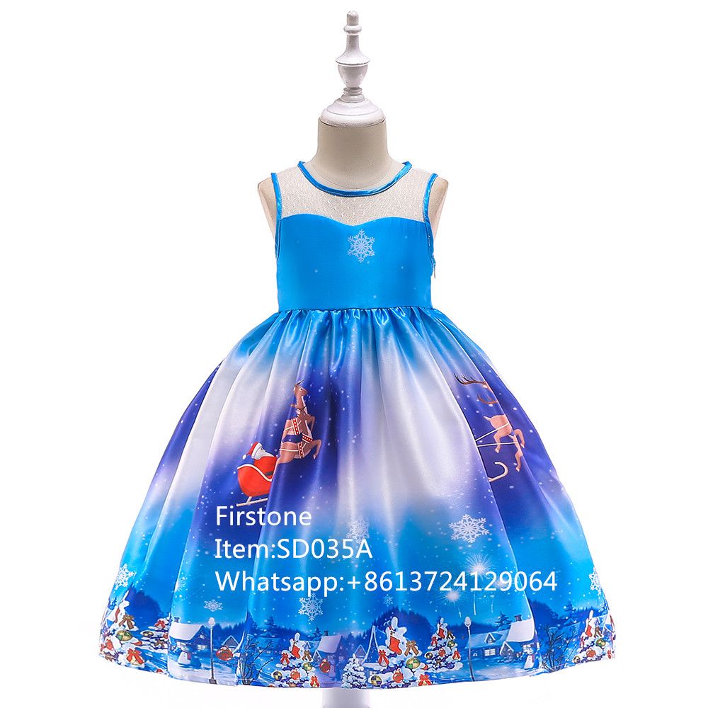 Fashion Satin Print Kids Party Dress Baby Christmas Frock Girl Garments SD035A