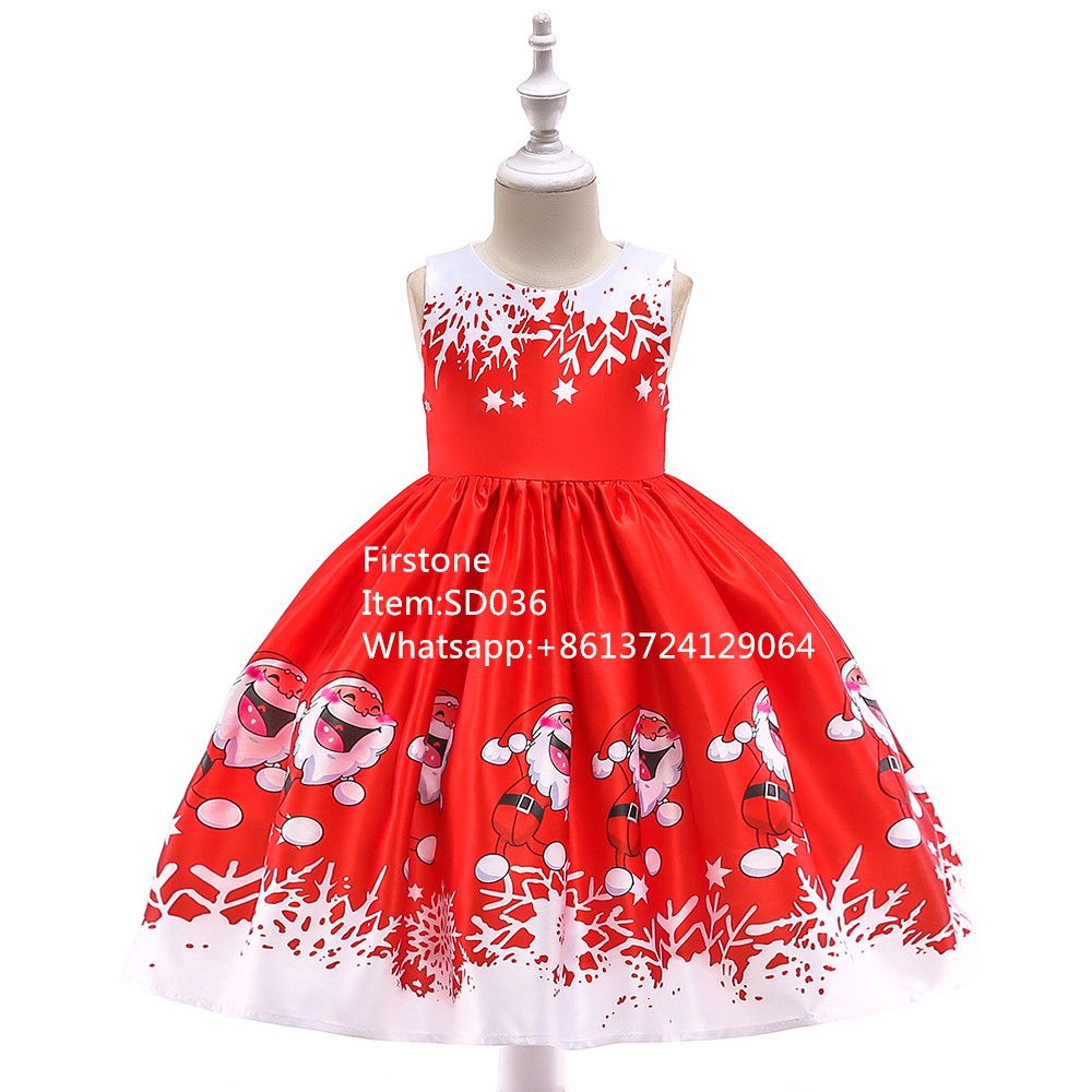 High Quality Kids Carnival Costume Girls Satin Santa Claus Print Pattern Christmas Party Dress SD036
