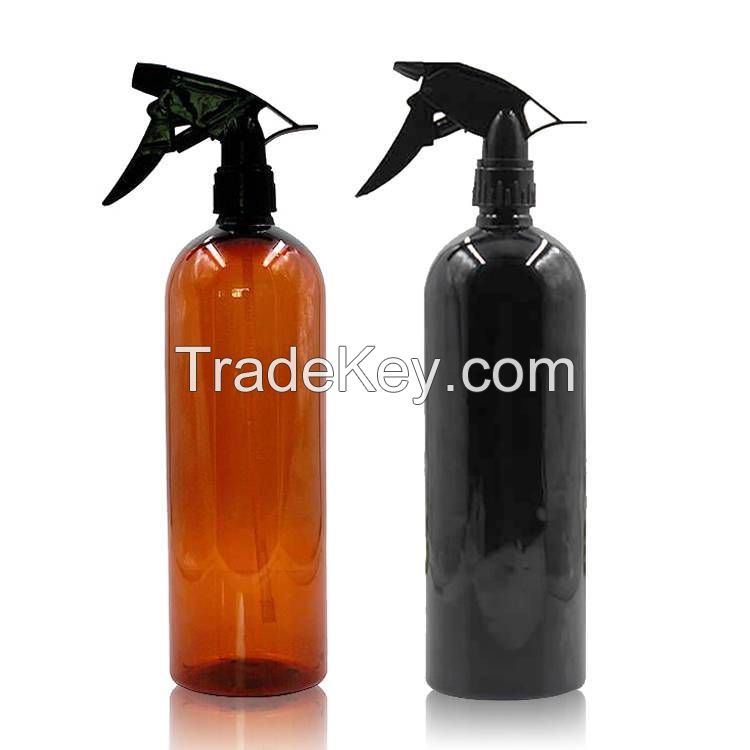 1 Liter Boston Round PET Amber Black Household Hair Product Cosmetic Packaging Trigger Spray Bottle