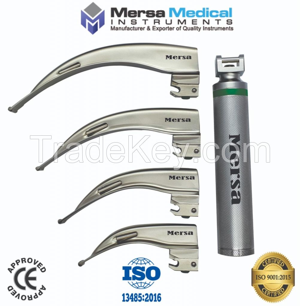 Fiber Optic McIntosh Laryngoscope Set, 1 Handle & 4 Blades with LED Bright Light
