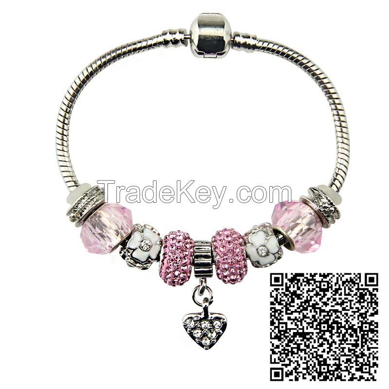  Silver Heart Charm Glass Beads Strand Bracelets Womens Europe Jewelry Bangles