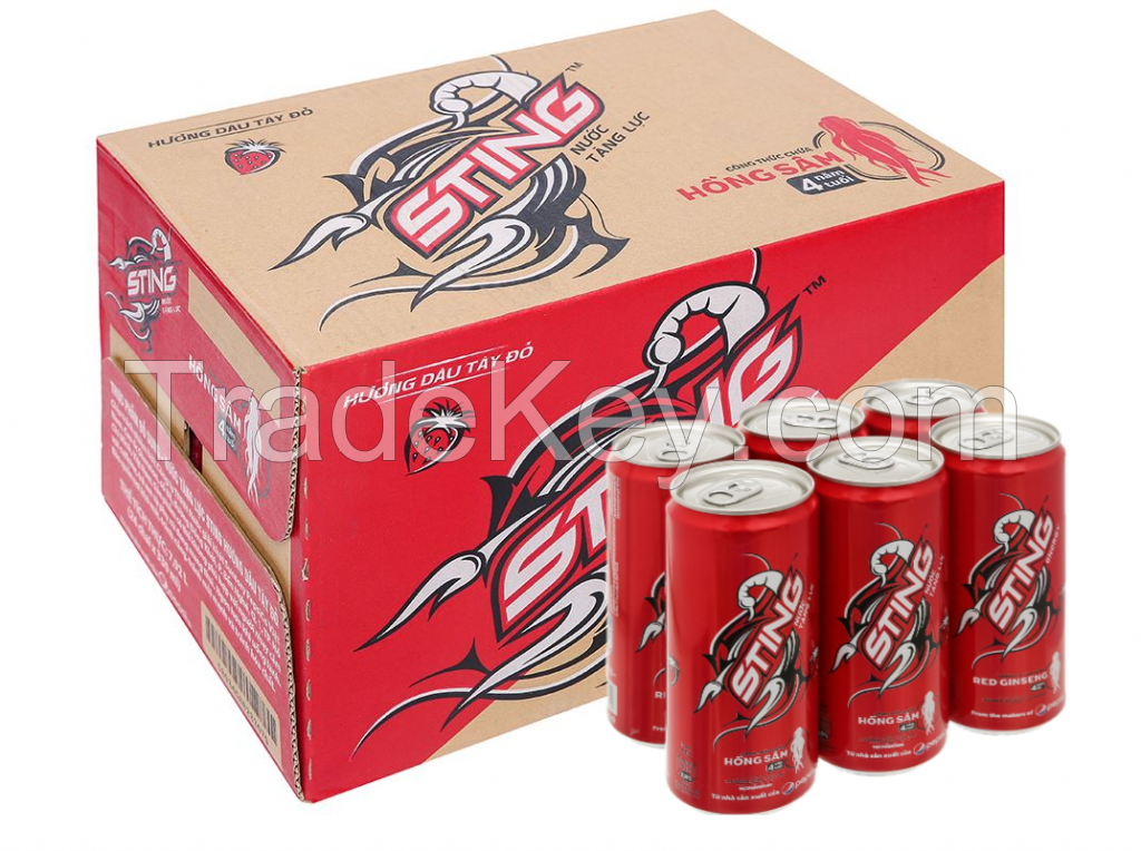 Sting's Gold and Strawberry carbonated energy drink sleek can.