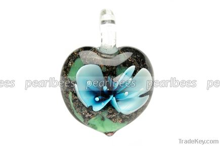 30*40mm, blue flower with brown glitter lampwork glass pendants, sold