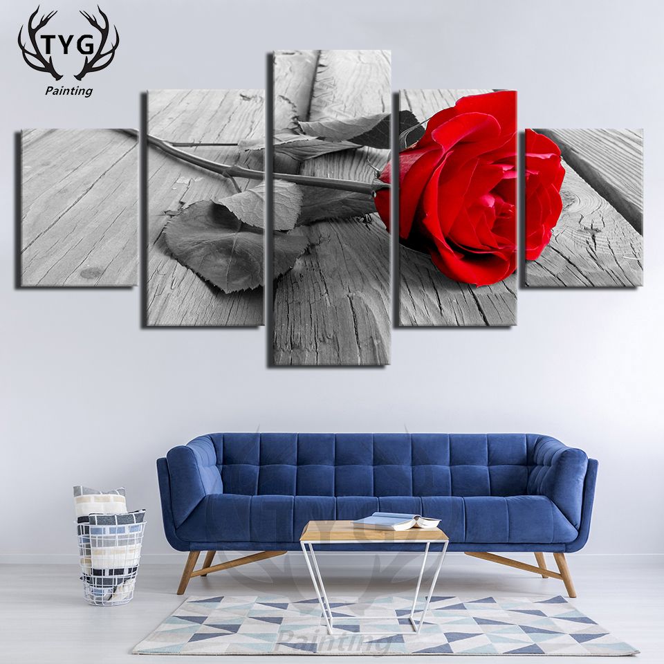 Home Decor Wall Art 5 Pieces Canvas Paintings Beautiful Red Rose Posters HD Prints For Livings Rooms Flower Frames Wall Decorate