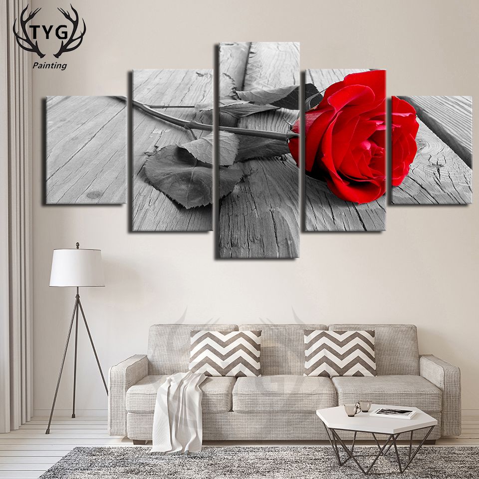 Home Decor Wall Art 5 Pieces Canvas Paintings Beautiful Red Rose Posters HD Prints For Livings Rooms Flower Frames Wall Decorate