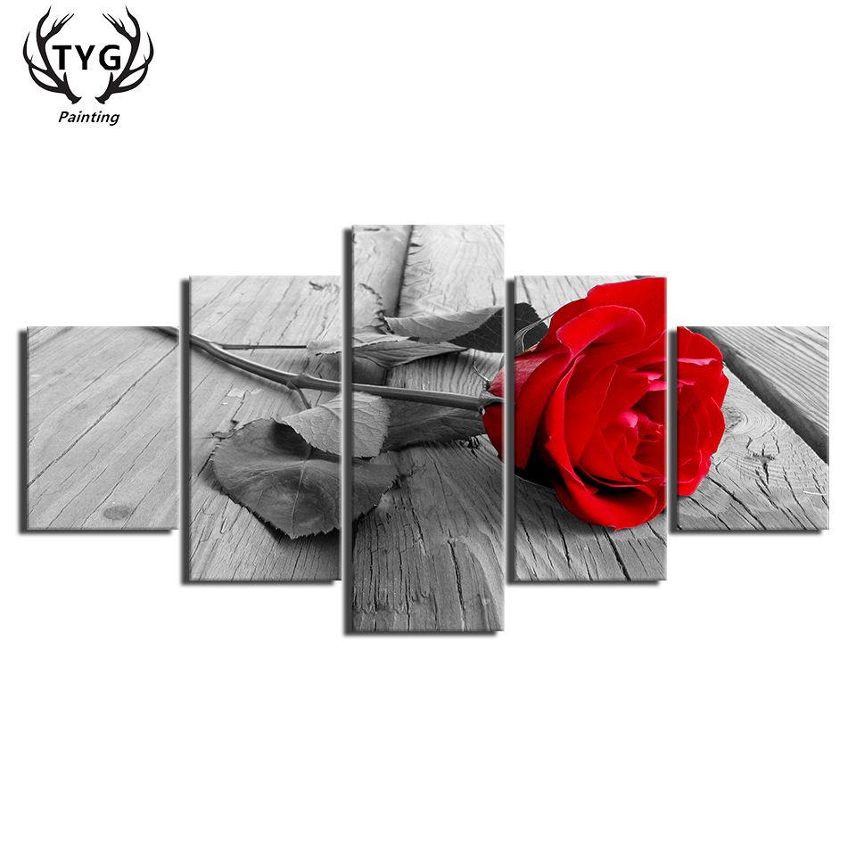 Home Decor Wall Art 5 Pieces Canvas Paintings Beautiful Red Rose Posters HD Prints For Livings Rooms Flower Frames Wall Decorate