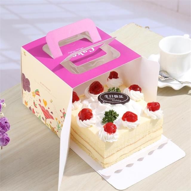 Blue Flower paper packaging Cake Box , luxury Pink Flower Birthday Cake Gift Box with handle