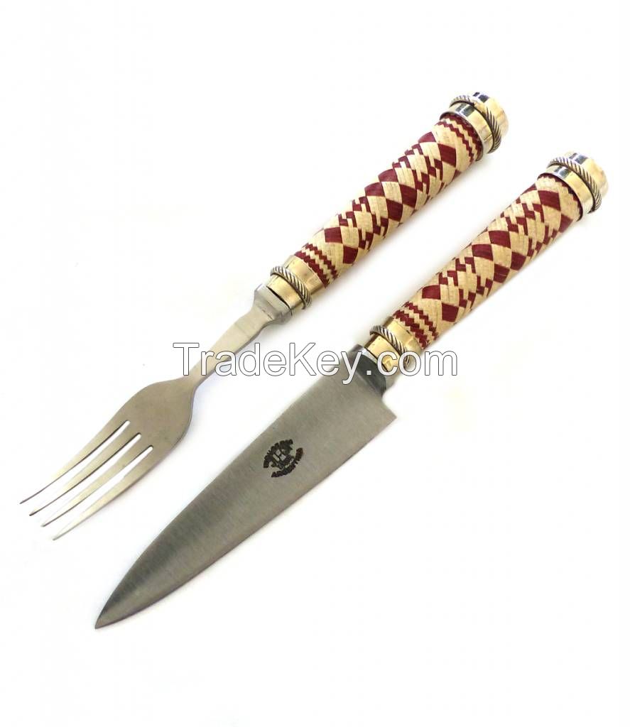 Set of Knife and Fork with Leather Braided Handle - BBQ