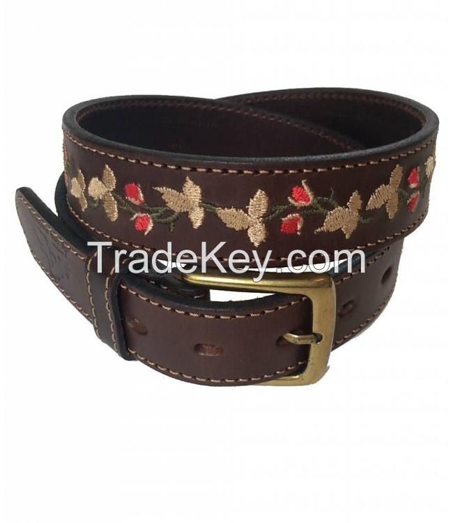 ''Las Flores'' 100% Argentine Leather Embroidered Polo Belt with Waxed Threads