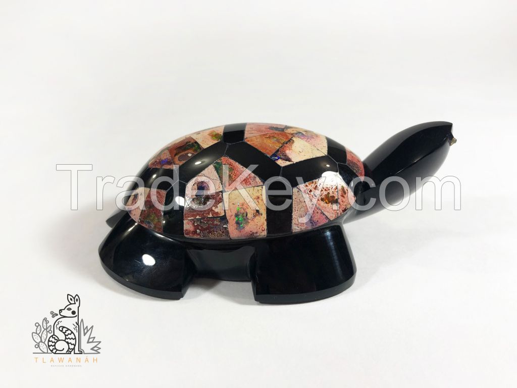 Obsidian turtle with opal inlaid
