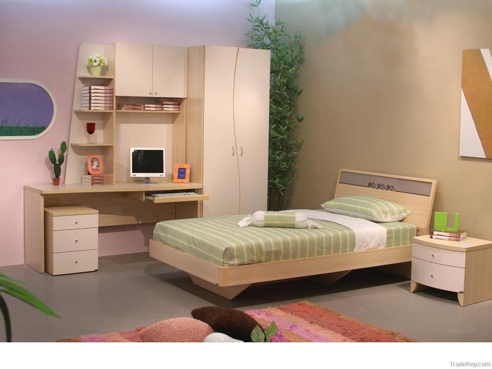 wood Bed set, Wardrobe, Dresser with Mirror