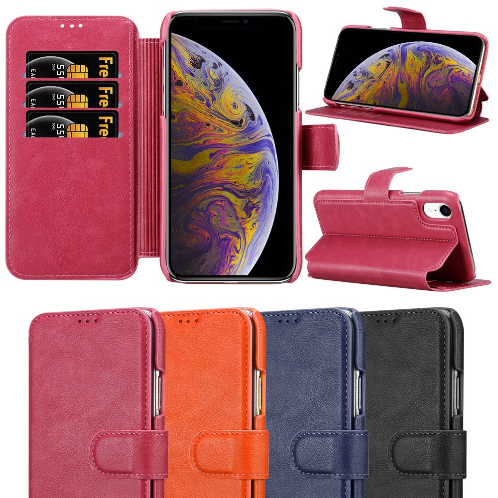 iPhone XR Leather  Wallet Case with Viewing Stand and Card Slots(Black Blue Orange Pink)