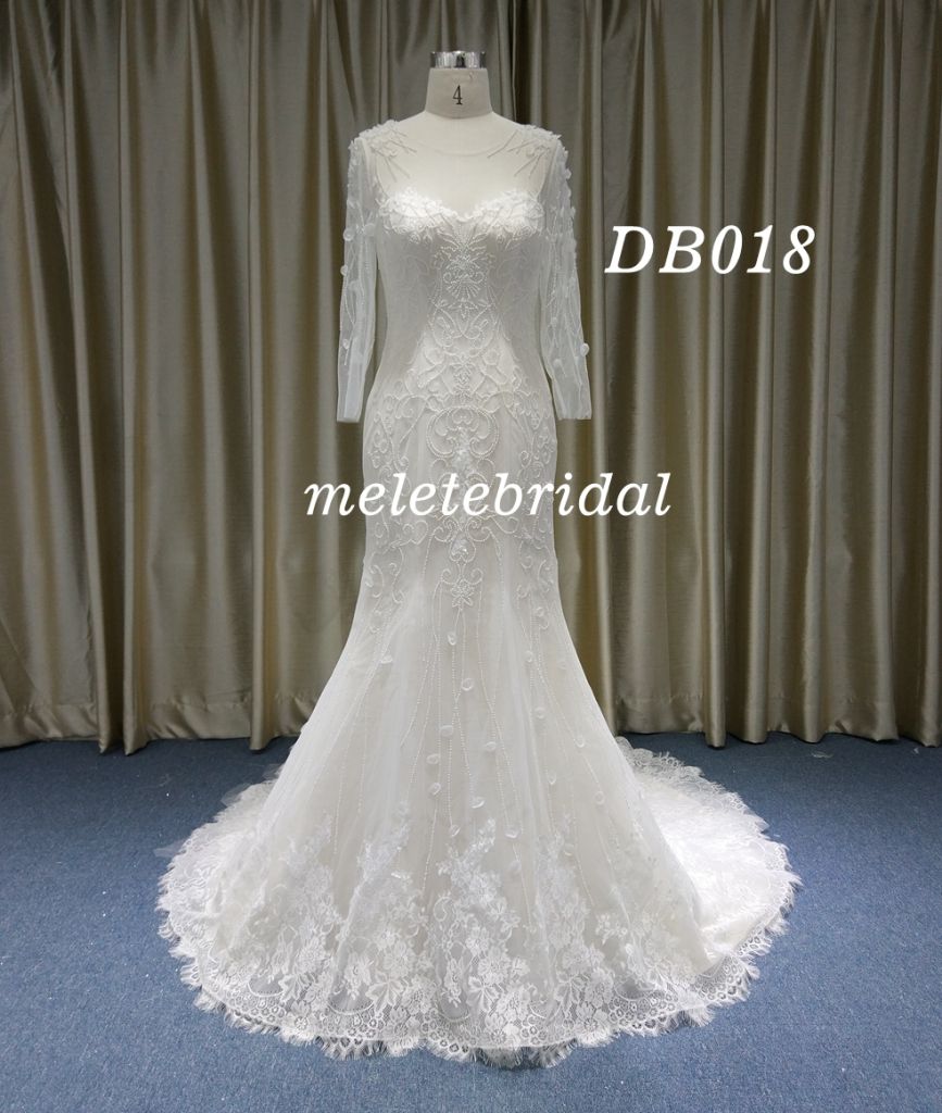 Long Sleeves Boat Neckline Mermaid Lace with Pearl Bridal Gown