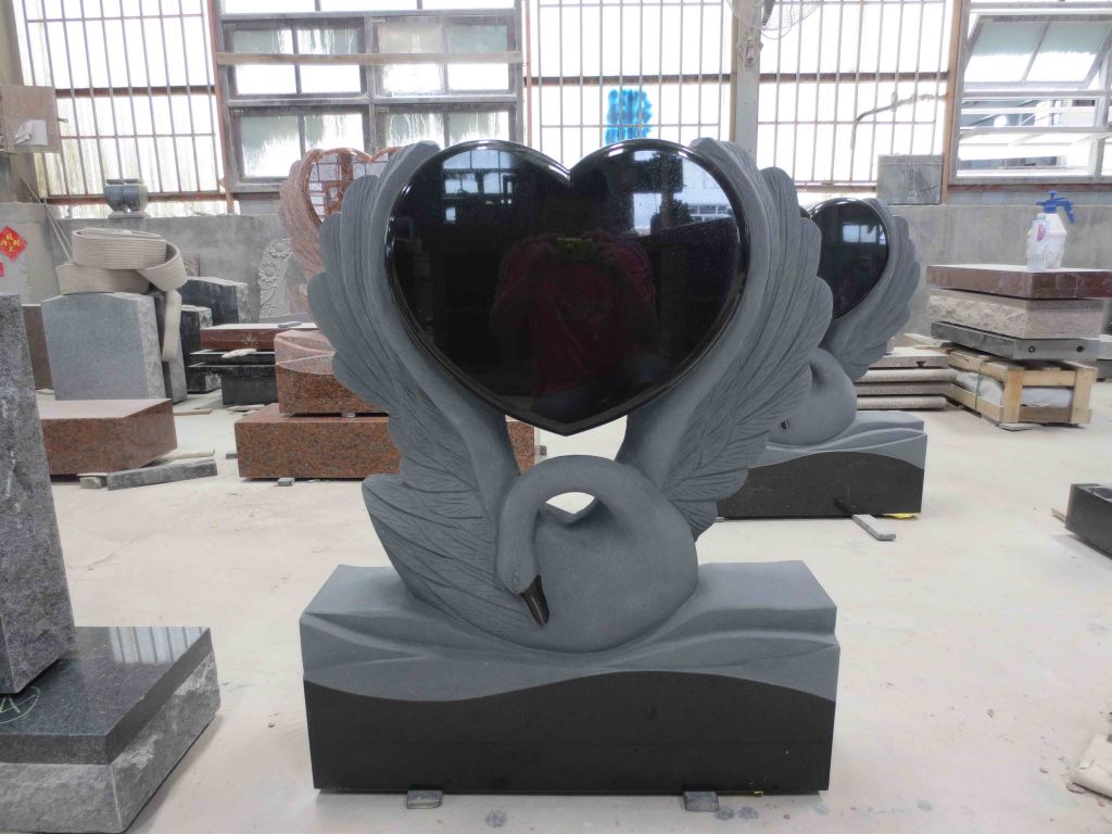 Heart Shape Design Swan Engraving Black Granite Blank Monument