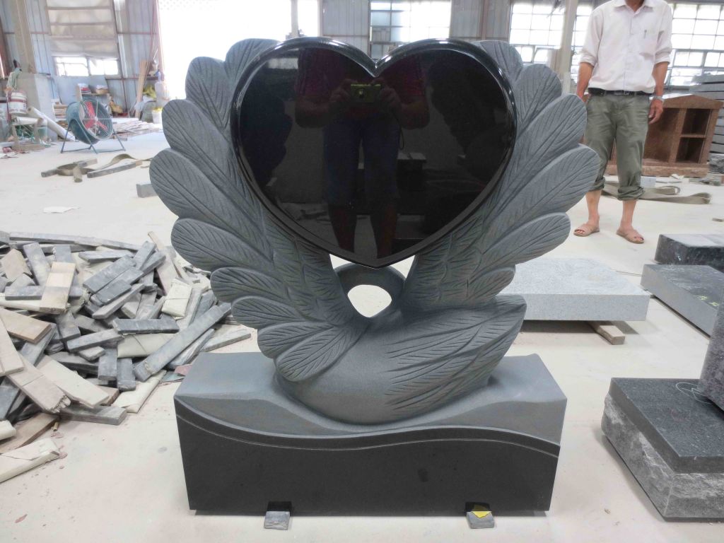 Heart Shape Design Swan Engraving Black Granite Blank Monument