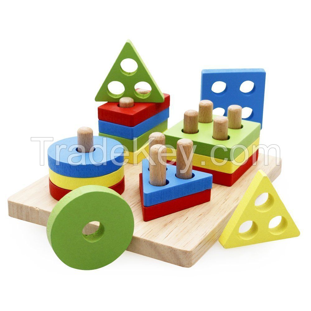 2019Wooden Educational Preschool Shape Color Recognition Geometric Board Block Stack Sort Chunky Puzzle Toys Christmas Gift Toy