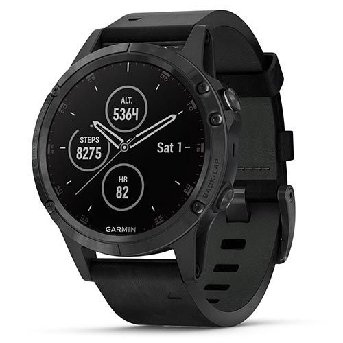 Garmin Fenix 5 Plus Sapphire GPS Watch, Black w/ Black Leather Band 