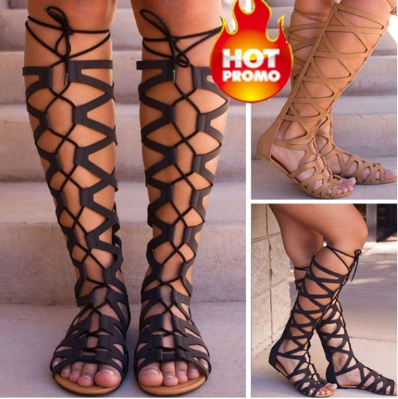 Women's Fashion Shoes Sexy Hollow Out Sandals Flat Heel High Boots Open Toe Jemma Gladiator Summer Dress Sandals