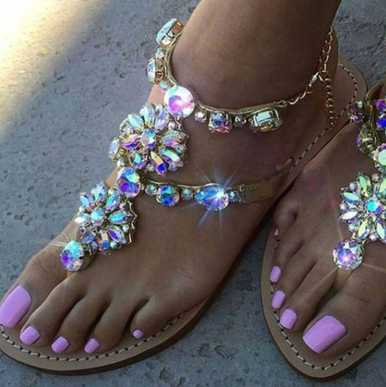 New Fashion Women Summer Shoes Beach Sandals Rhinestone Crystal Sandals Slip on Flip Flops Rome Style Gladiator Sandals Plus Size