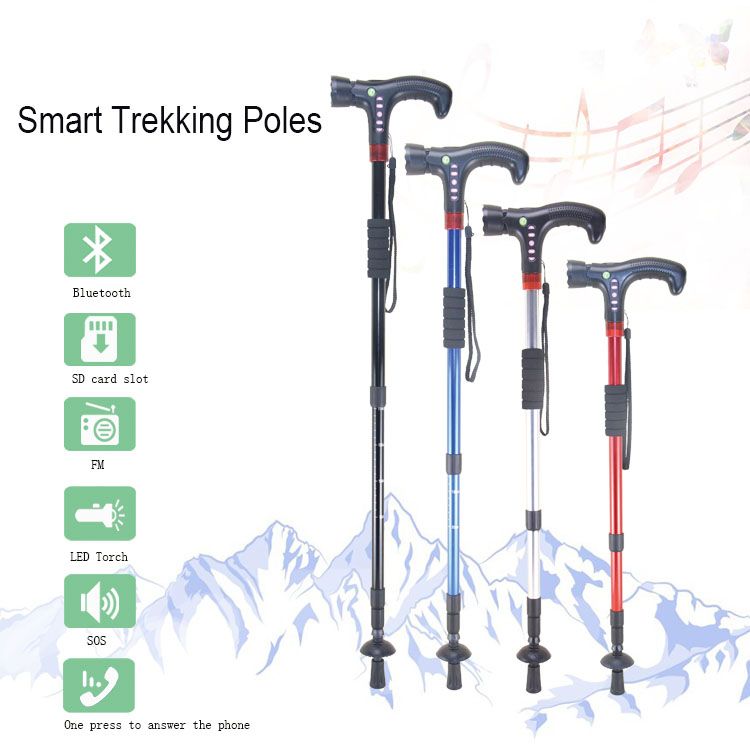 Smart Trekking Pole stick with SOS Torch Bluetooth MP3 FM walking cane