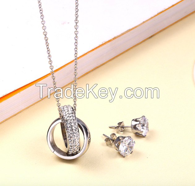 Jewelry Set Double Rings Necklace Earrings-16