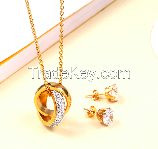 Jewelry Set Double Rings Necklace Earrings-16