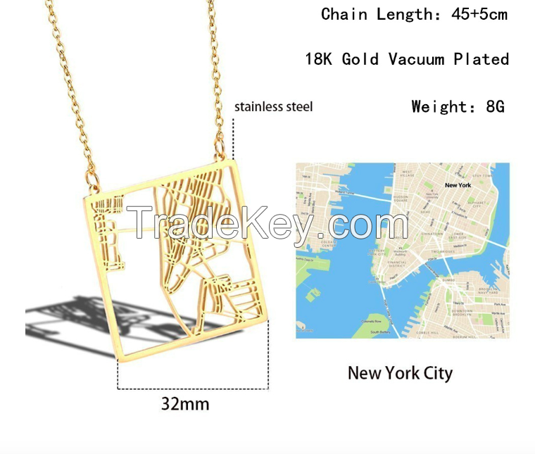 Stainless Steel Hollow New York Map Necklace