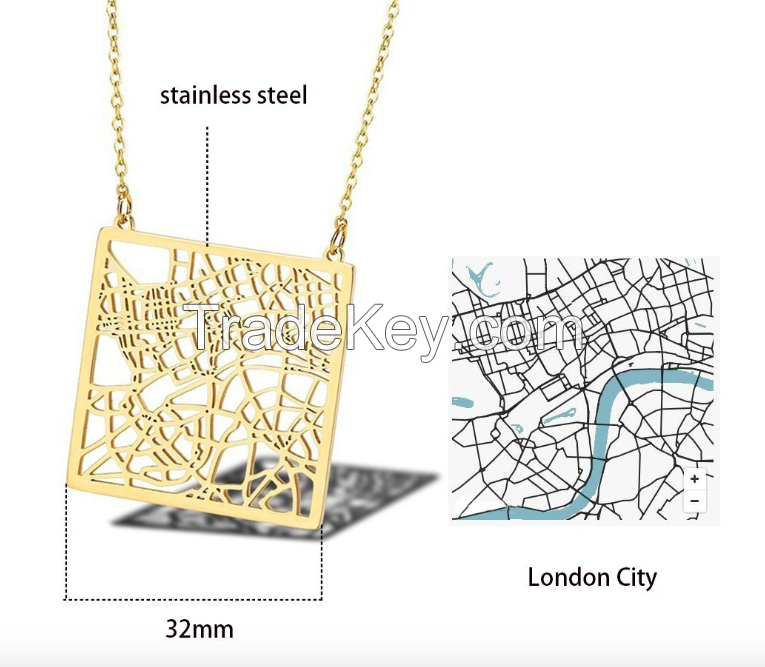 Stainless Steel Hollow London Map Necklace