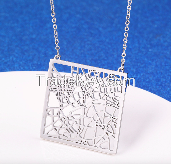 Stainless Steel Hollow London Map Necklace 