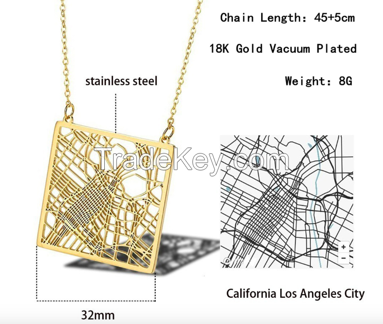 Stainless Steel Hollow LA Map Necklace 