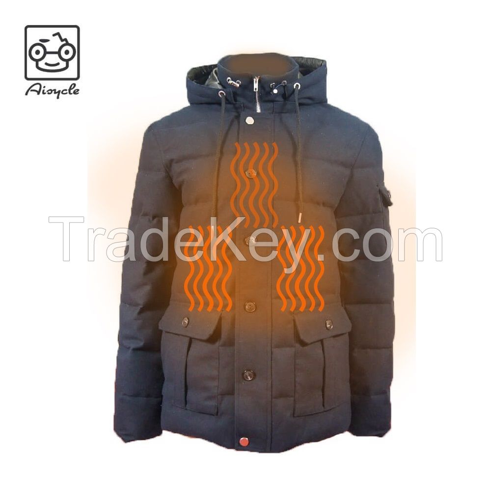 Mens Battery Heated Down Jacket, Woolen Flannel Jacket With Duck Down Inside